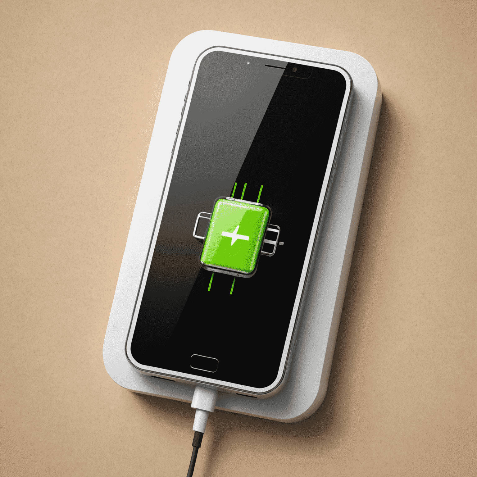 Illustration d'une recharge instantanée de téléphone mobile montrant un smartphone avec une icône de batterie se remplissant rapidement