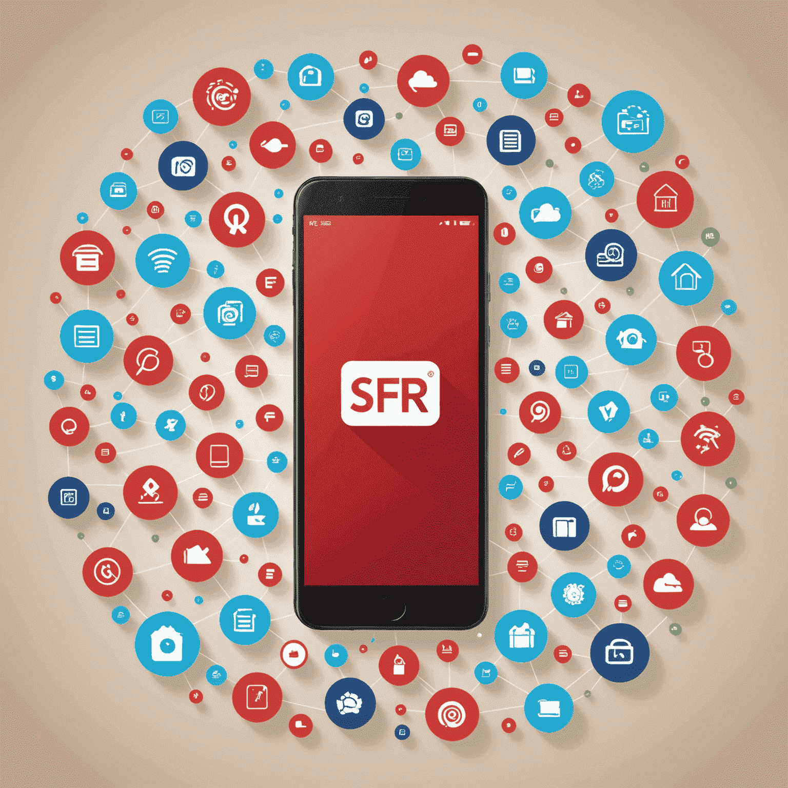 Visuel de l'offre SFR avec un smartphone entouré d'icônes représentant des données mobiles et le logo SFR