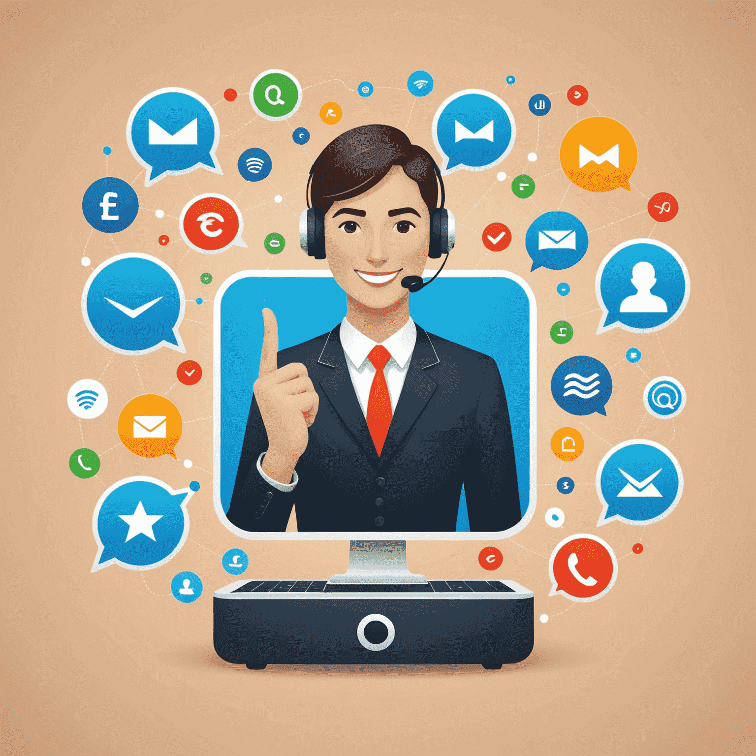 Image représentant le service client avec des icônes de chat, téléphone et e-mail